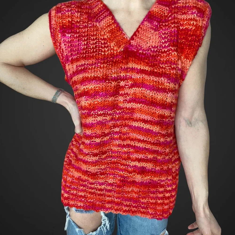 OOAK Vintage 70s80s Vibrant Sunset Multicolor Handmade Crochet Knit Sweater Vest - Picture 4 of 10